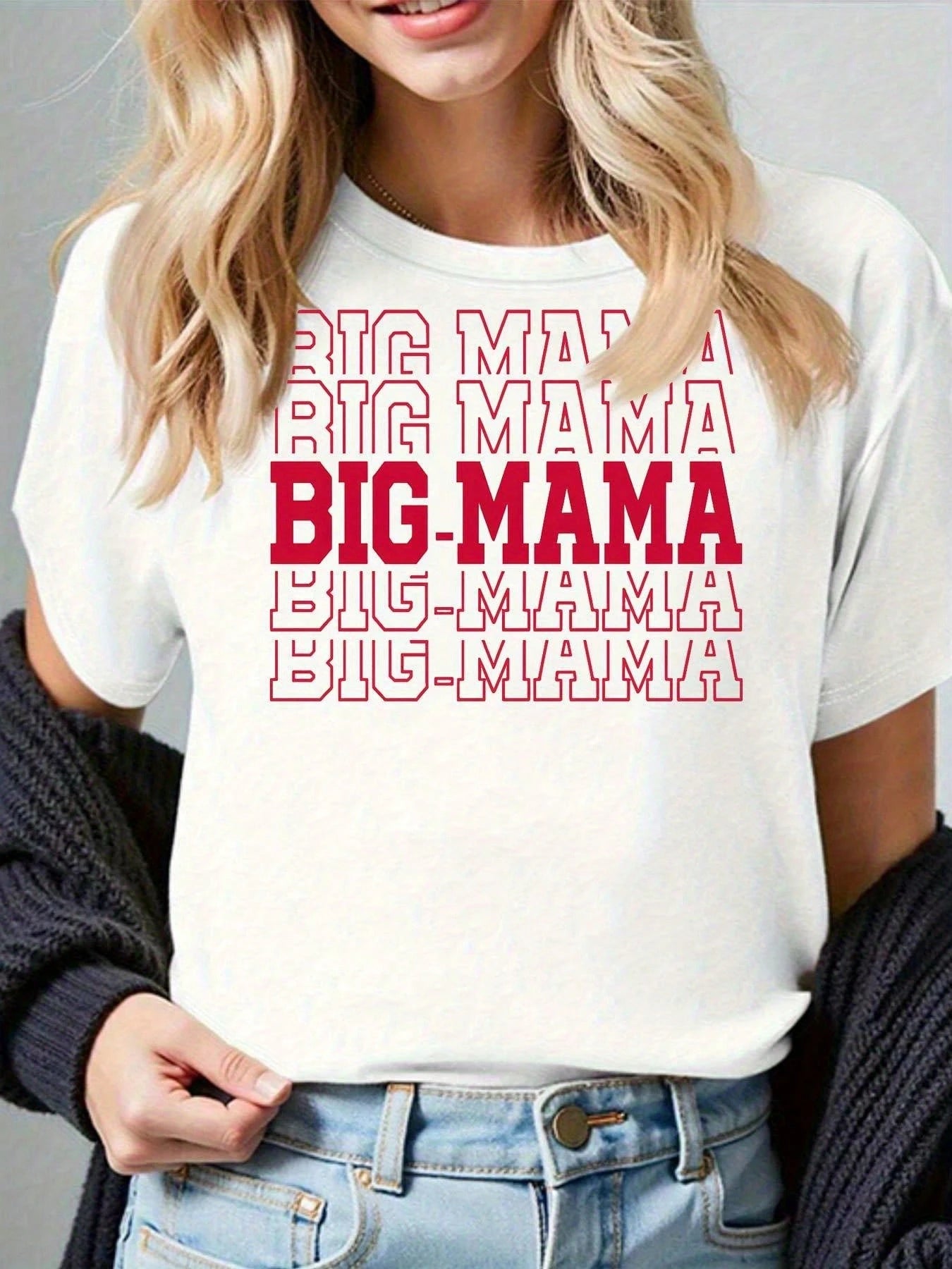 Women'S Oversized 'Big Mama' Graphic T-Shirt- Bold Red Lettering On Black/Grey/White/Dark Red Gradient| Soft Round Neck Short Sleeve Casual