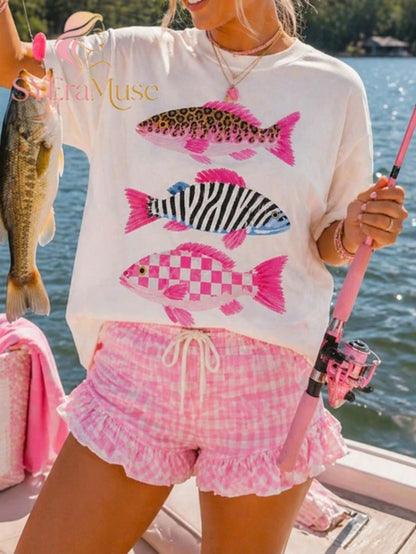 Women's Oversized "Leopard Zebra Checkered Fish" Print T-Shirt, Boho Lake Fishing Summer Aesthetic, Summer, Concert, Graduation, Vacation