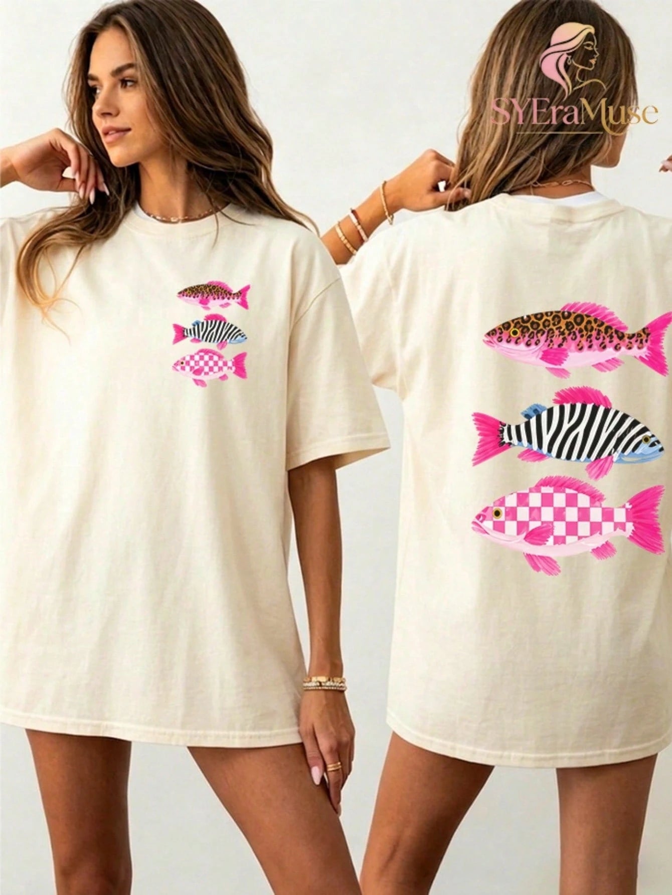 Women's Oversized "Leopard Zebra Checkered Fish" Print T-Shirt, Boho Lake Fishing Summer Aesthetic, Summer, Concert, Graduation, Vacation
