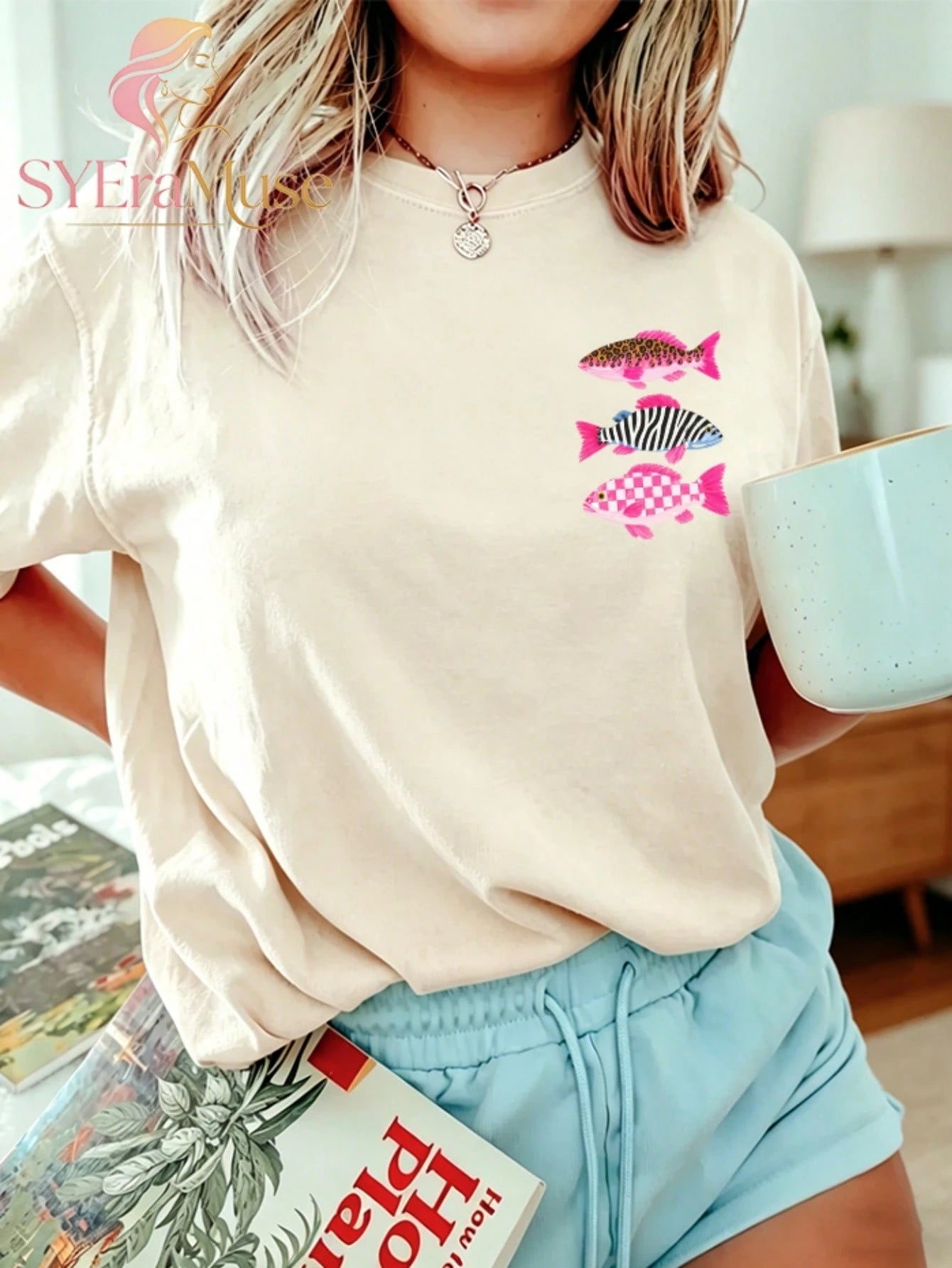 Women's Oversized "Leopard Zebra Checkered Fish" Print T-Shirt, Boho Lake Fishing Summer Aesthetic, Summer, Concert, Graduation, Vacation
