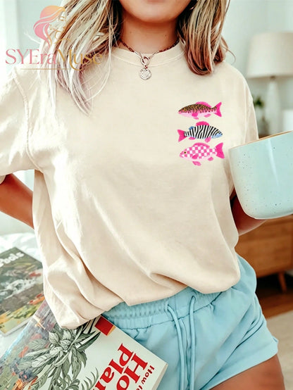 Women's Oversized "Leopard Zebra Checkered Fish" Print T-Shirt, Boho Lake Fishing Summer Aesthetic, Summer, Concert, Graduation, Vacation
