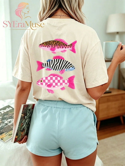 Women's Oversized "Leopard Zebra Checkered Fish" Print T-Shirt, Boho Lake Fishing Summer Aesthetic, Summer, Concert, Graduation, Vacation
