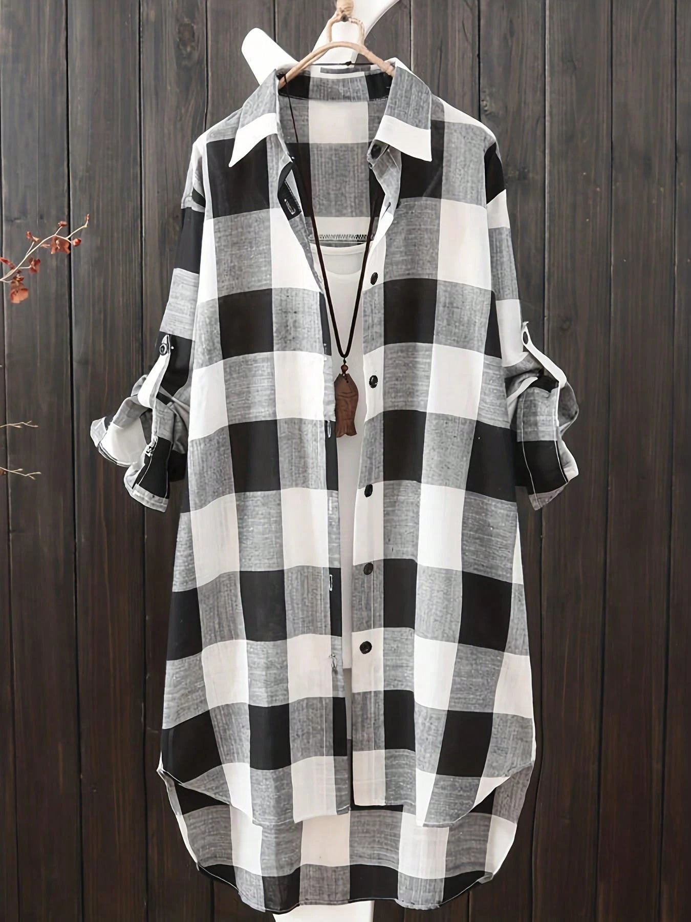 Women's Plus Size Plaid Long Sleeve Button-Down Shirt, Casual Loose Fit Waist-Cinching Top For Autumn Black