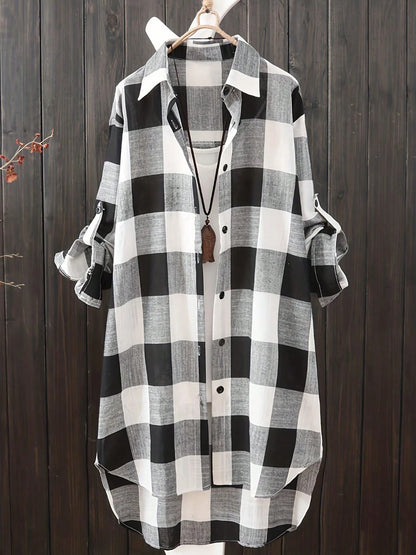 Women's Plus Size Plaid Long Sleeve Button-Down Shirt, Casual Loose Fit Waist-Cinching Top For Autumn Black