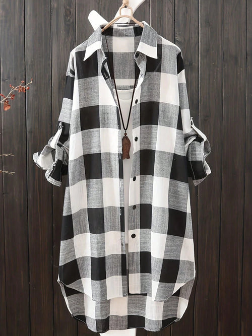 Women's Plus Size Plaid Long Sleeve Button-Down Shirt, Casual Loose Fit Waist-Cinching Top For Autumn Black