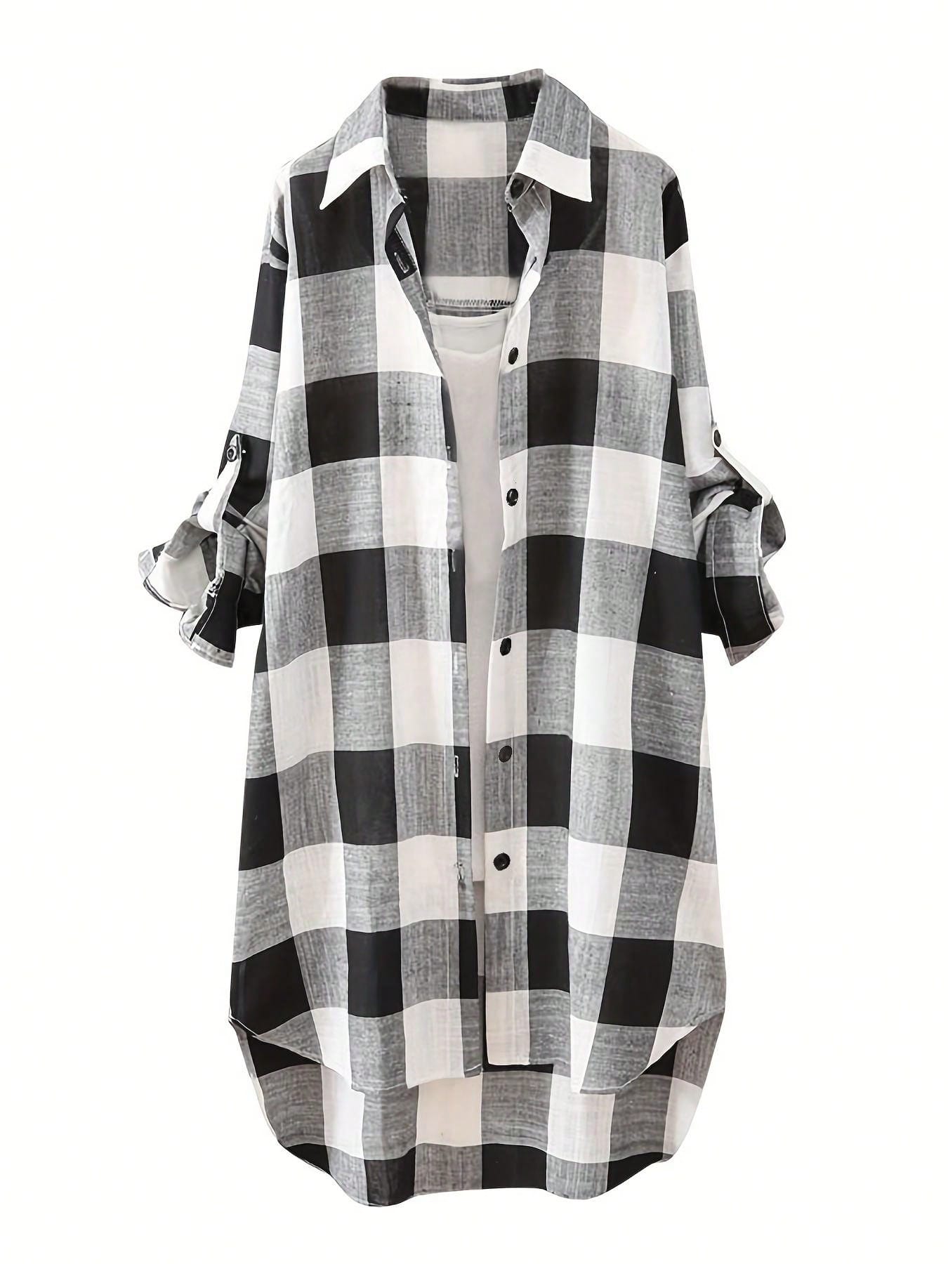Women's Plus Size Plaid Long Sleeve Button-Down Shirt, Casual Loose Fit Waist-Cinching Top For Autumn Black