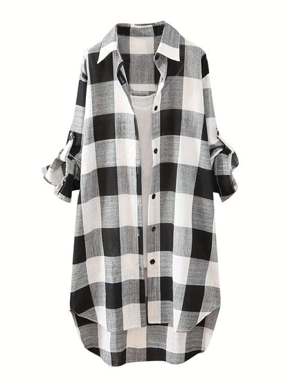 Women's Plus Size Plaid Long Sleeve Button-Down Shirt, Casual Loose Fit Waist-Cinching Top For Autumn Black