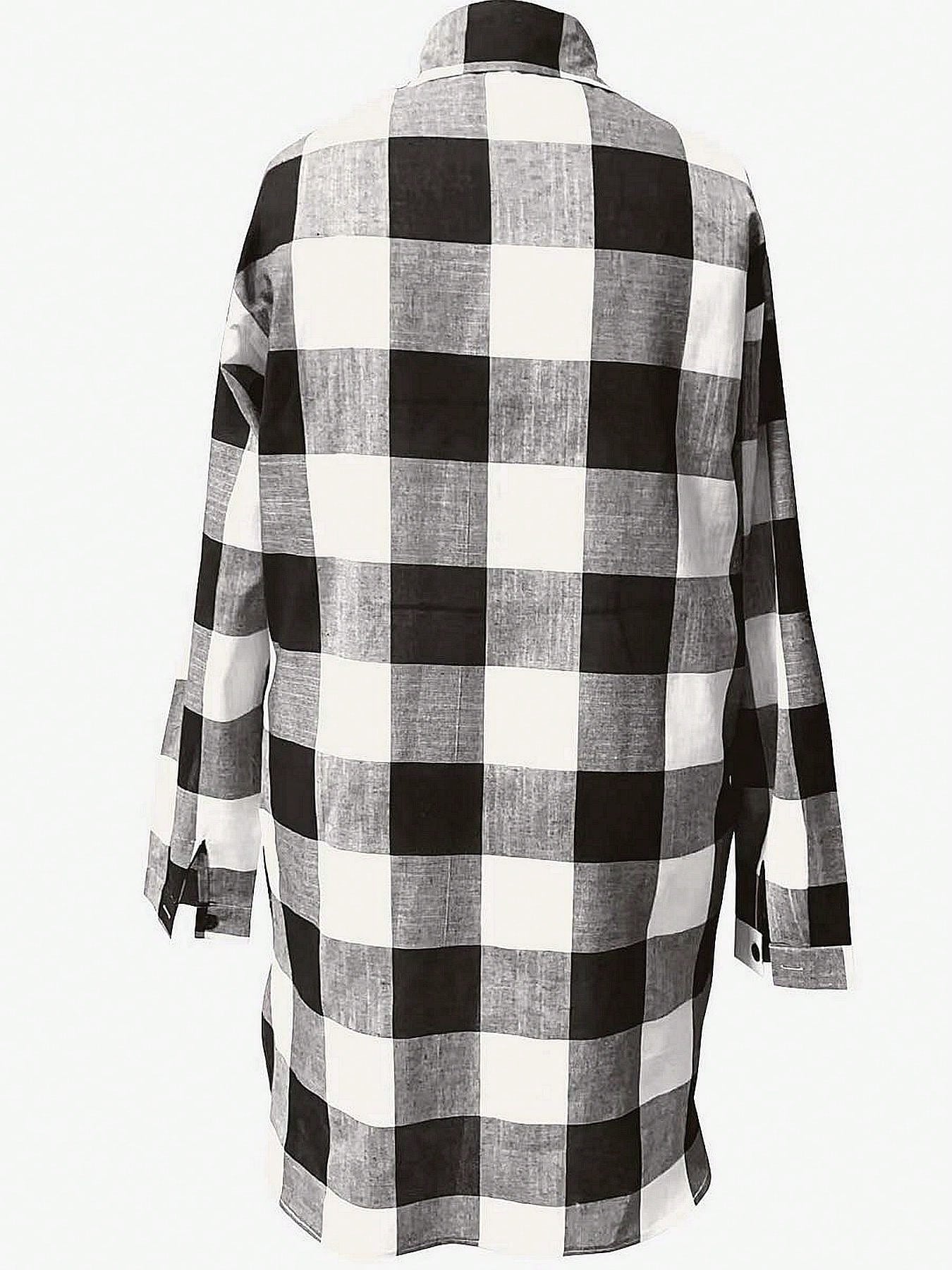 Women's Plus Size Plaid Long Sleeve Button-Down Shirt, Casual Loose Fit Waist-Cinching Top For Autumn Black