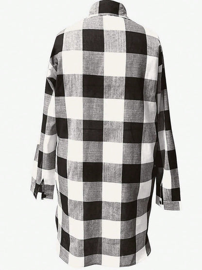 Women's Plus Size Plaid Long Sleeve Button-Down Shirt, Casual Loose Fit Waist-Cinching Top For Autumn Black