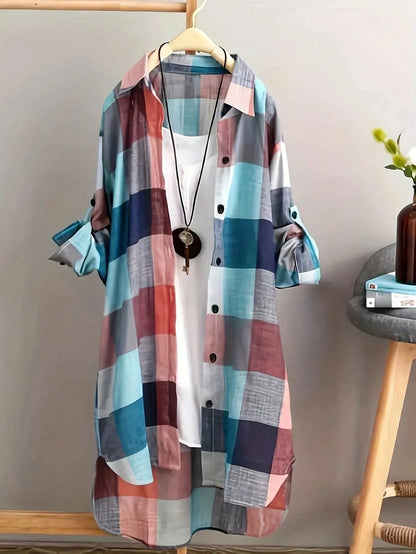 Women's Plus Size Plaid Long Sleeve Button-Down Shirt, Casual Loose Fit Waist-Cinching Top For Autumn Black
