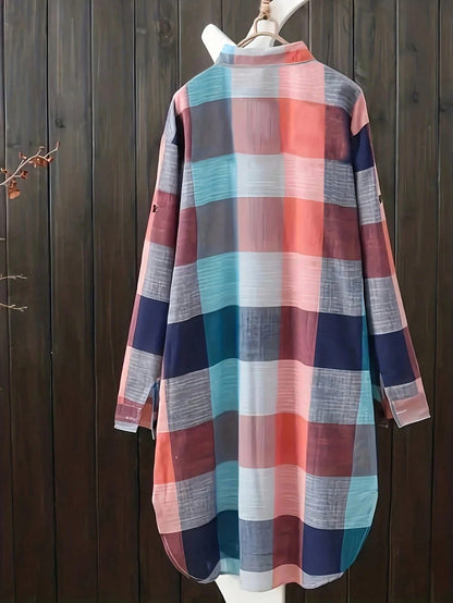Women's Plus Size Plaid Long Sleeve Button-Down Shirt, Casual Loose Fit Waist-Cinching Top For Autumn Black