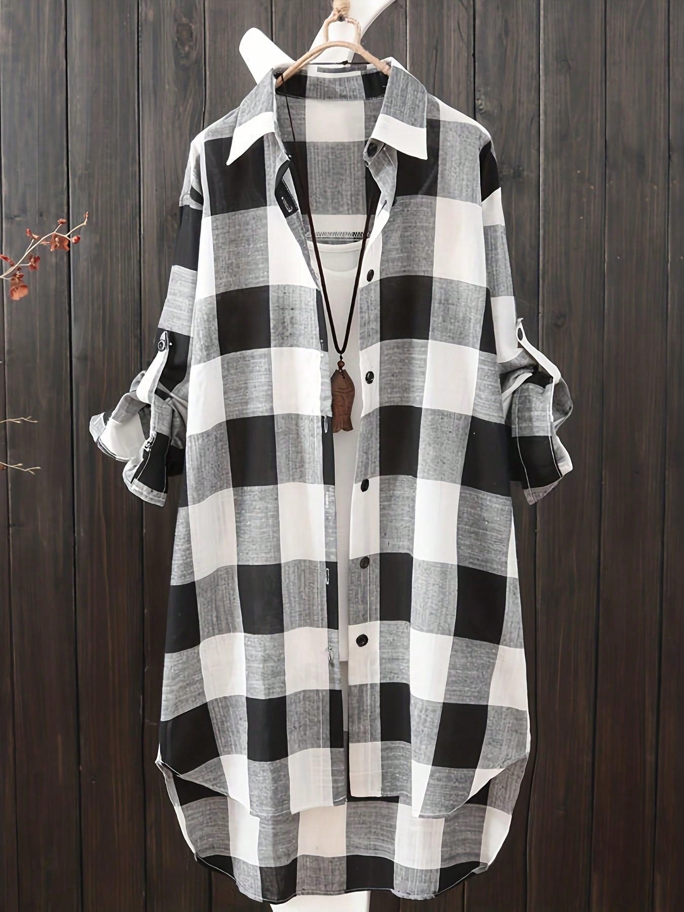 Women's Plus Size Plaid Long Sleeve Button-Down Shirt, Casual Loose Fit Waist-Cinching Top For Autumn Black