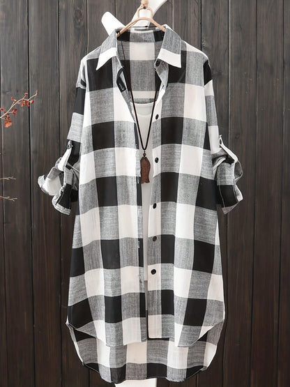 Women's Plus Size Plaid Long Sleeve Button-Down Shirt, Casual Loose Fit Waist-Cinching Top For Autumn Black