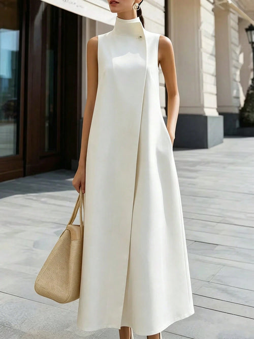Women's Premium Pure White Clean Elegant Stand Collar Sleeveless Long Dress, Minimalist Sophisticated Flattering Silhouette Versatile Long Shirt Dress, Suitable For Dates, Commuting And Daily We
