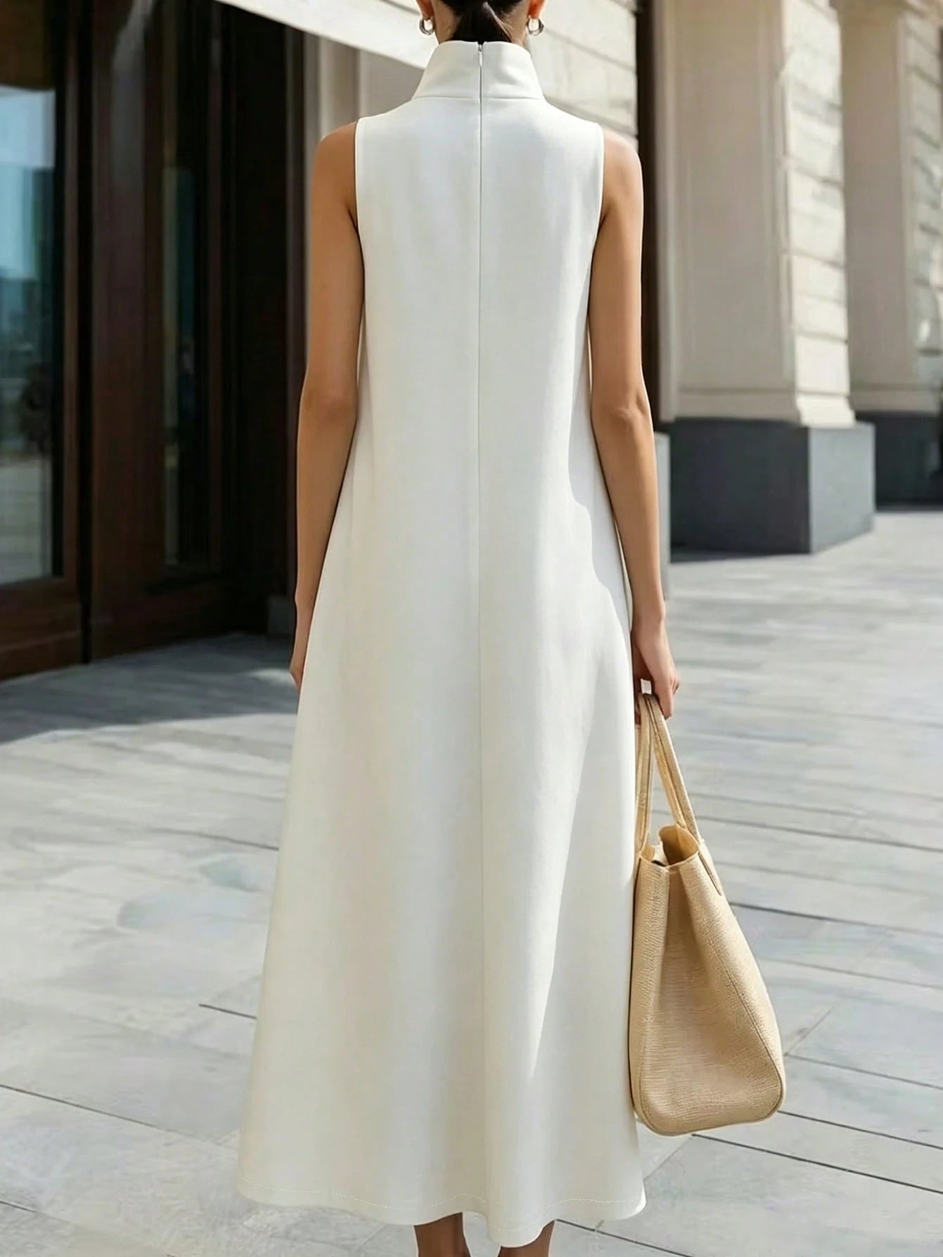 Women's Premium Pure White Clean Elegant Stand Collar Sleeveless Long Dress, Minimalist Sophisticated Flattering Silhouette Versatile Long Shirt Dress, Suitable For Dates, Commuting And Daily We