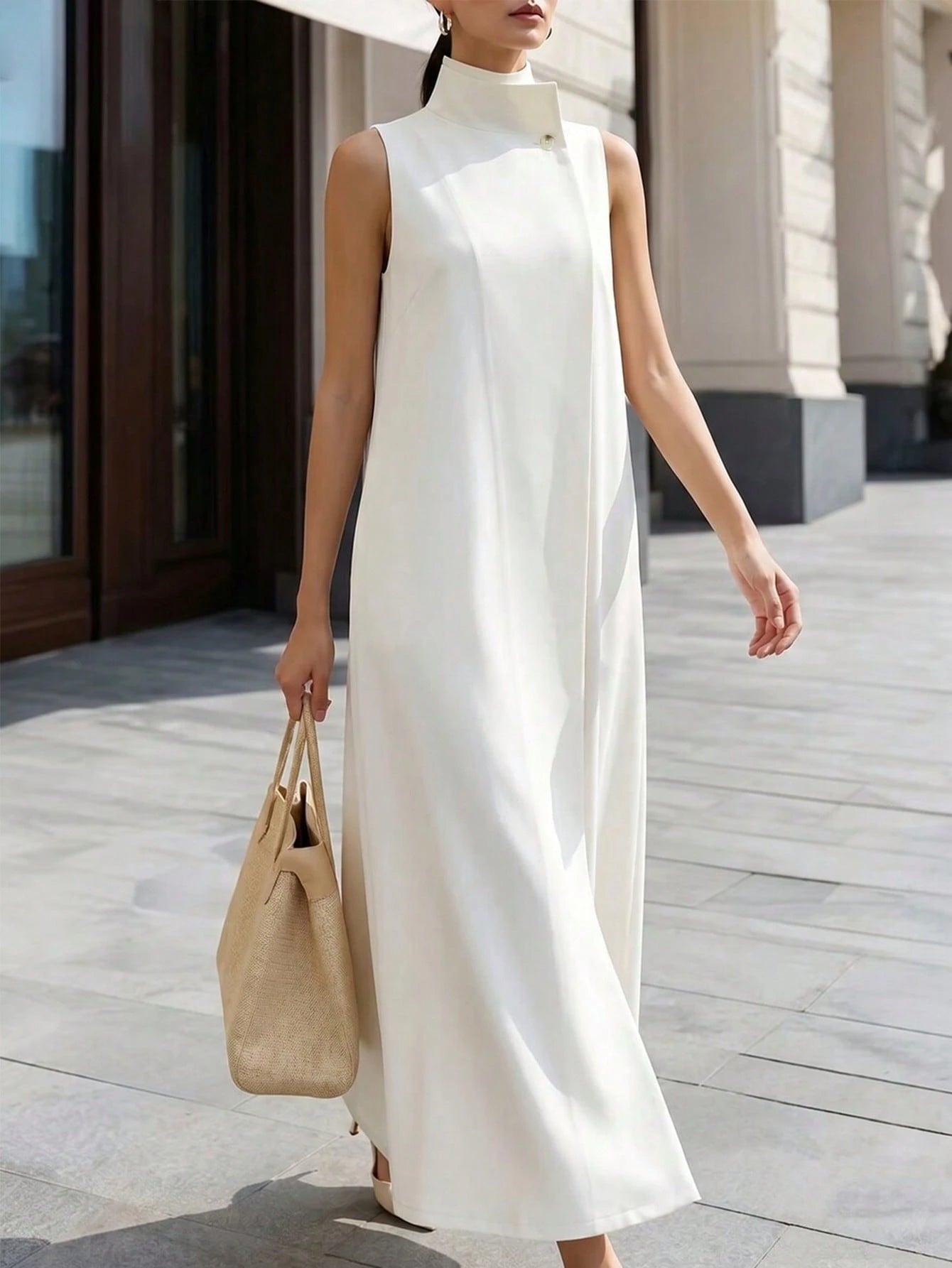 Women's Premium Pure White Clean Elegant Stand Collar Sleeveless Long Dress, Minimalist Sophisticated Flattering Silhouette Versatile Long Shirt Dress, Suitable For Dates, Commuting And Daily We