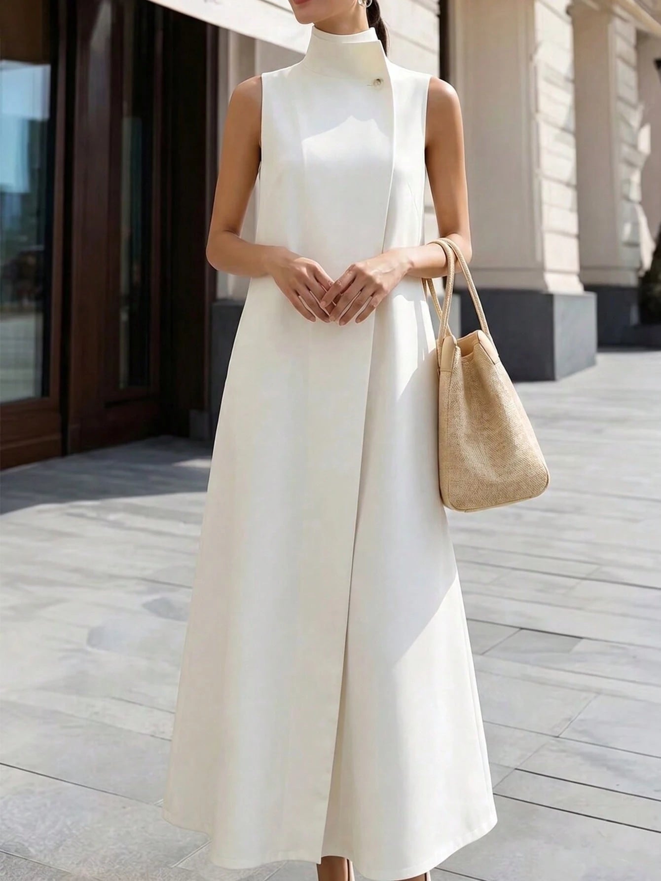 Women's Premium Pure White Clean Elegant Stand Collar Sleeveless Long Dress, Minimalist Sophisticated Flattering Silhouette Versatile Long Shirt Dress, Suitable For Dates, Commuting And Daily We