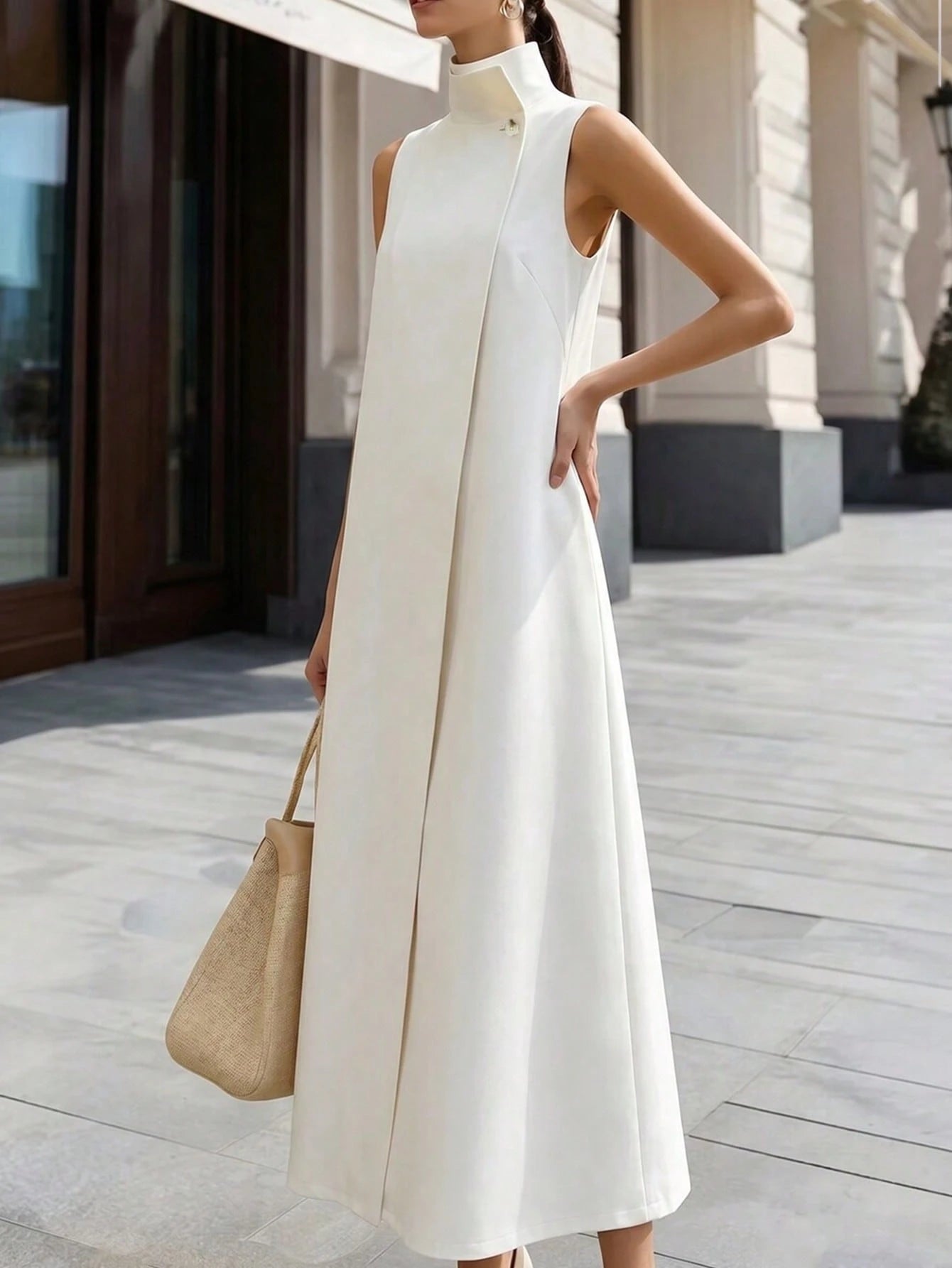 Women's Premium Pure White Clean Elegant Stand Collar Sleeveless Long Dress, Minimalist Sophisticated Flattering Silhouette Versatile Long Shirt Dress, Suitable For Dates, Commuting And Daily We