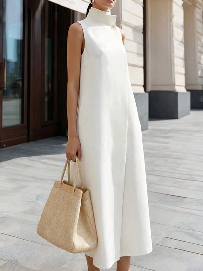 Women's Premium Pure White Clean Elegant Stand Collar Sleeveless Long Dress, Minimalist Sophisticated Flattering Silhouette Versatile Long Shirt Dress, Suitable For Dates, Commuting And Daily We