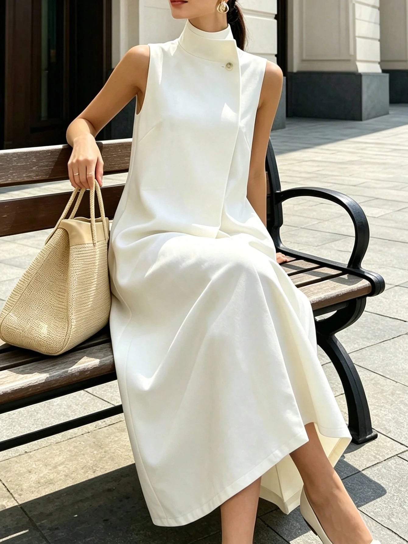 Women's Premium Pure White Clean Elegant Stand Collar Sleeveless Long Dress, Minimalist Sophisticated Flattering Silhouette Versatile Long Shirt Dress, Suitable For Dates, Commuting And Daily We