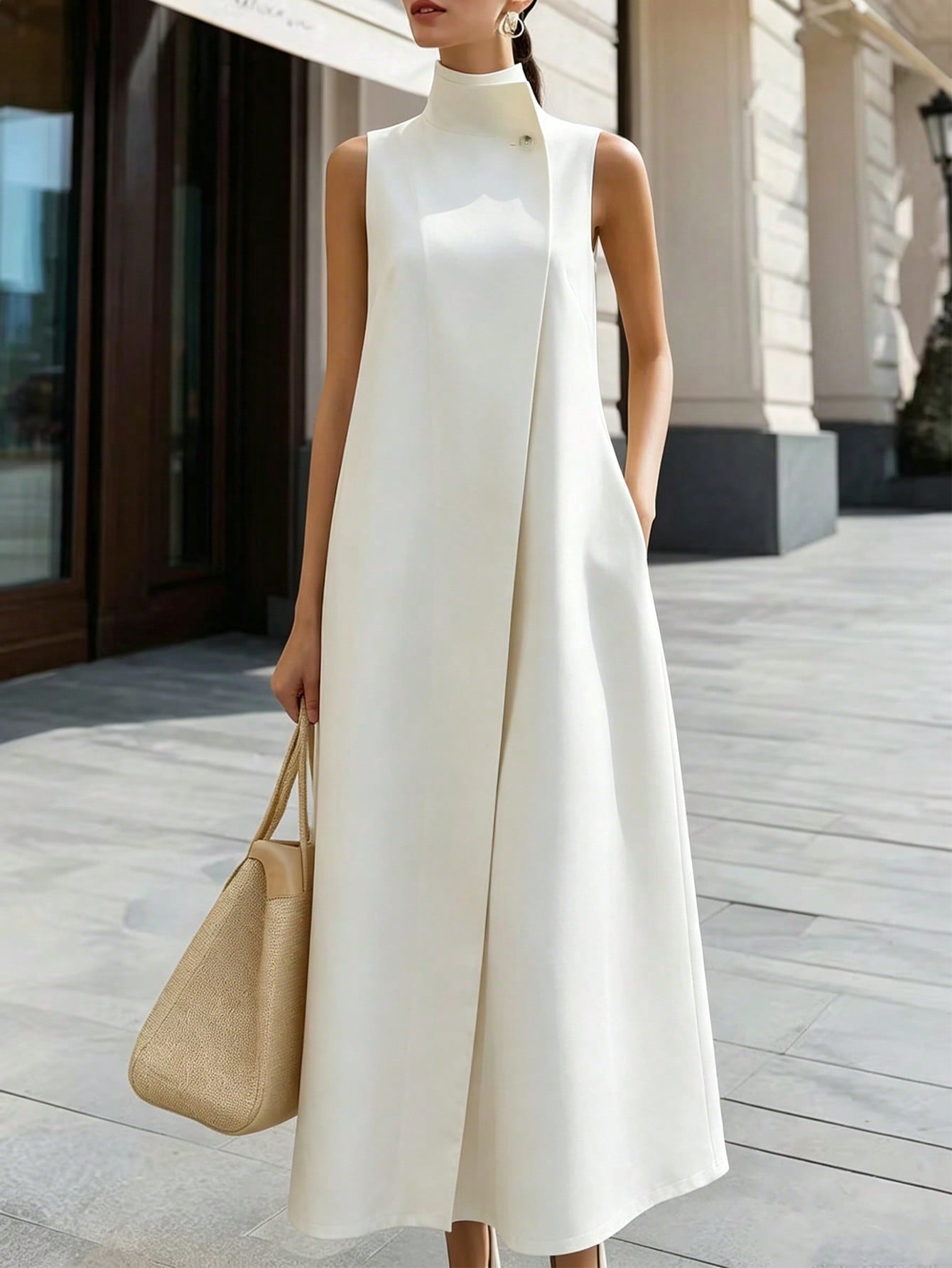 Women's Premium Pure White Clean Elegant Stand Collar Sleeveless Long Dress, Minimalist Sophisticated Flattering Silhouette Versatile Long Shirt Dress, Suitable For Dates, Commuting And Daily We