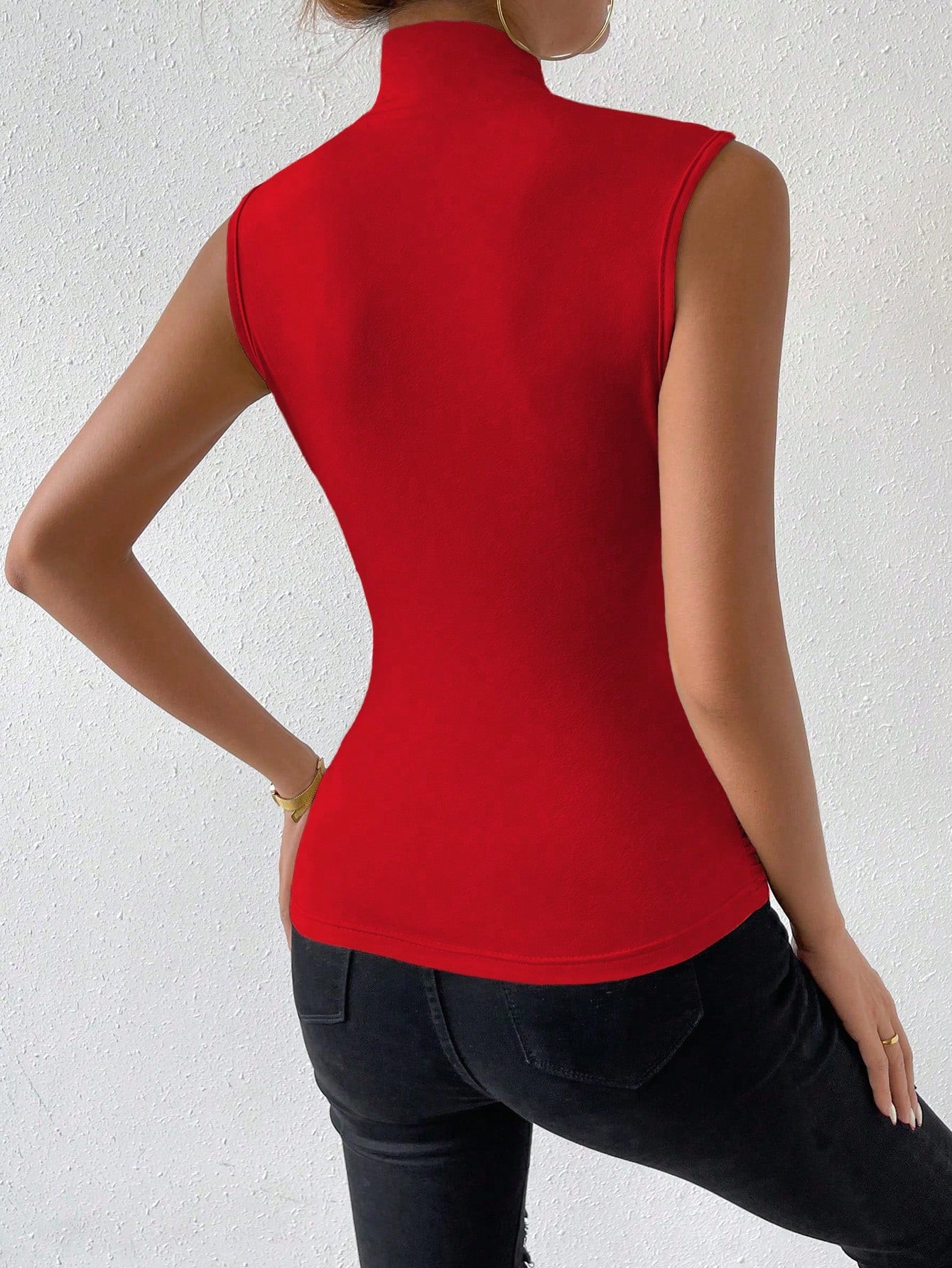Women's Red Knitted Casual Tank Top With Stand Collar And Wrap Detail Sleeveless