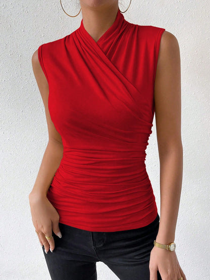 Women's Red Knitted Casual Tank Top With Stand Collar And Wrap Detail Sleeveless