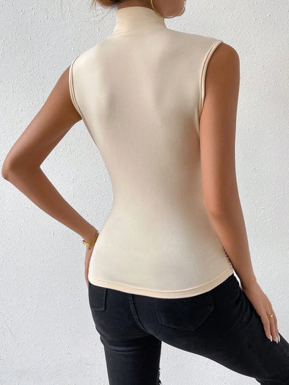 Women's Red Knitted Casual Tank Top With Stand Collar And Wrap Detail Sleeveless
