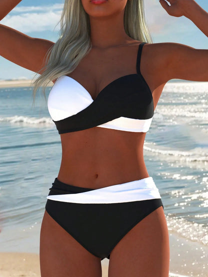 Women's Sexy Casual Black & White Color Block Spaghetti Strap Bikini Set, Beach Summer Vacation New Holiday Travel Outfit, Resort Wear
