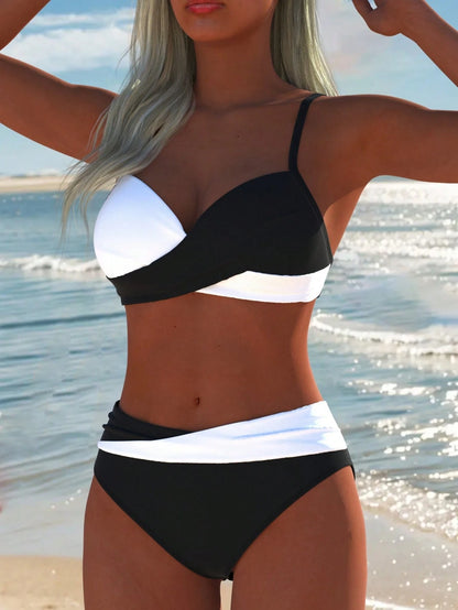 Women's Sexy Casual Black & White Color Block Spaghetti Strap Bikini Set, Beach Summer Vacation New Holiday Travel Outfit, Resort Wear