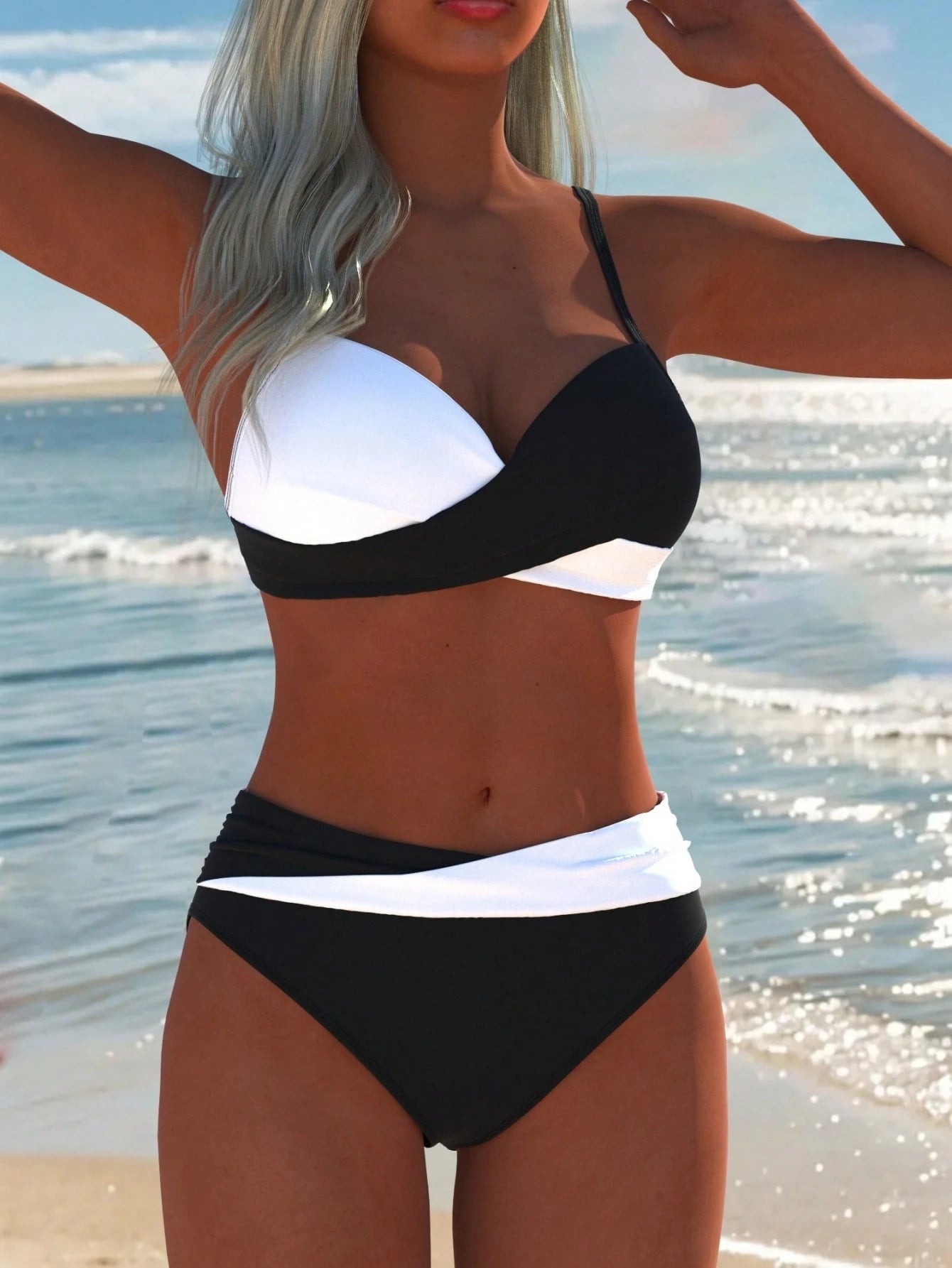 Women's Sexy Casual Black & White Color Block Spaghetti Strap Bikini Set, Beach Summer Vacation New Holiday Travel Outfit, Resort Wear