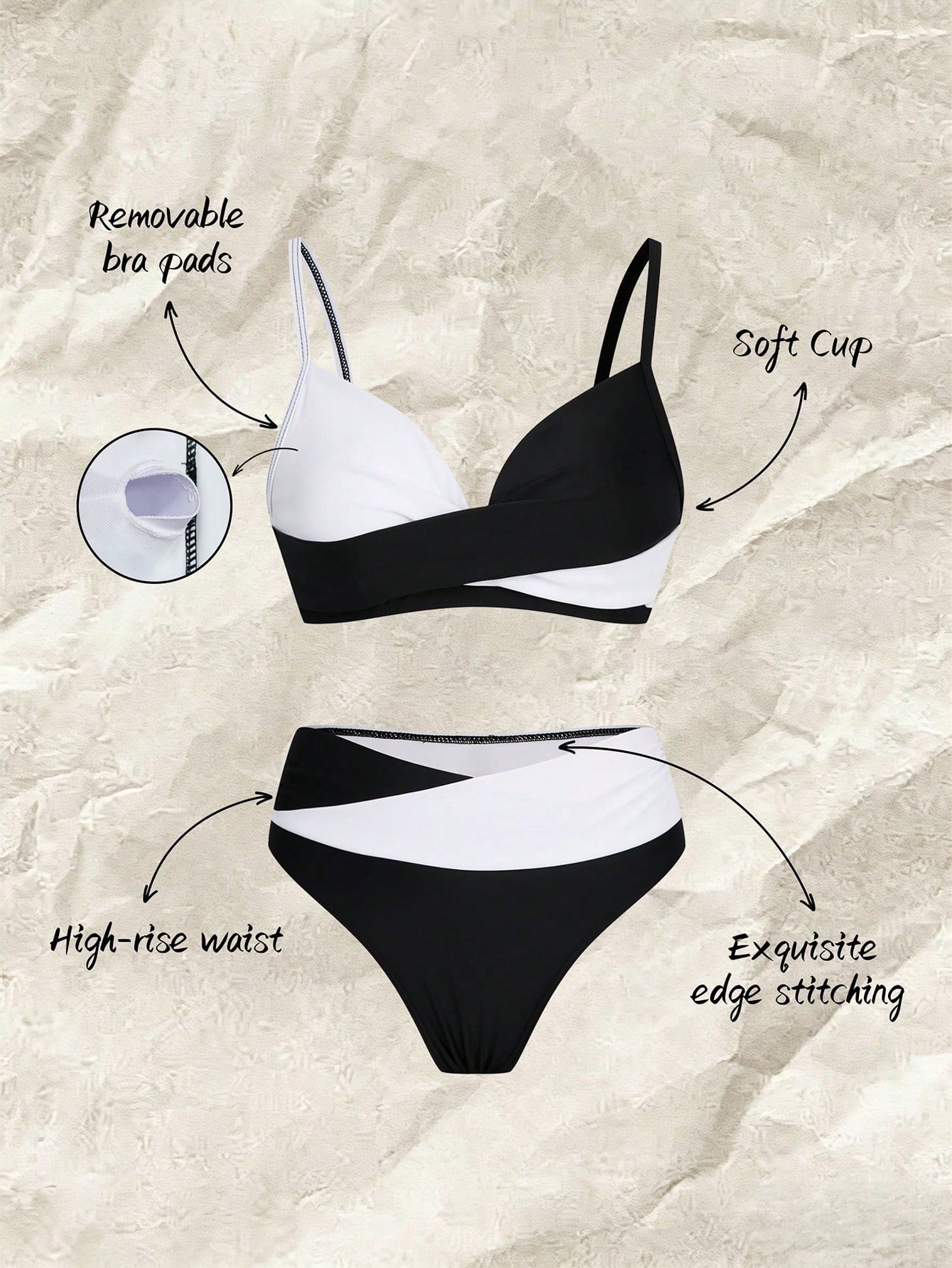 Women's Sexy Casual Black & White Color Block Spaghetti Strap Bikini Set, Beach Summer Vacation New Holiday Travel Outfit, Resort Wear