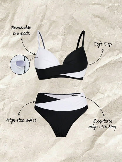 Women's Sexy Casual Black & White Color Block Spaghetti Strap Bikini Set, Beach Summer Vacation New Holiday Travel Outfit, Resort Wear