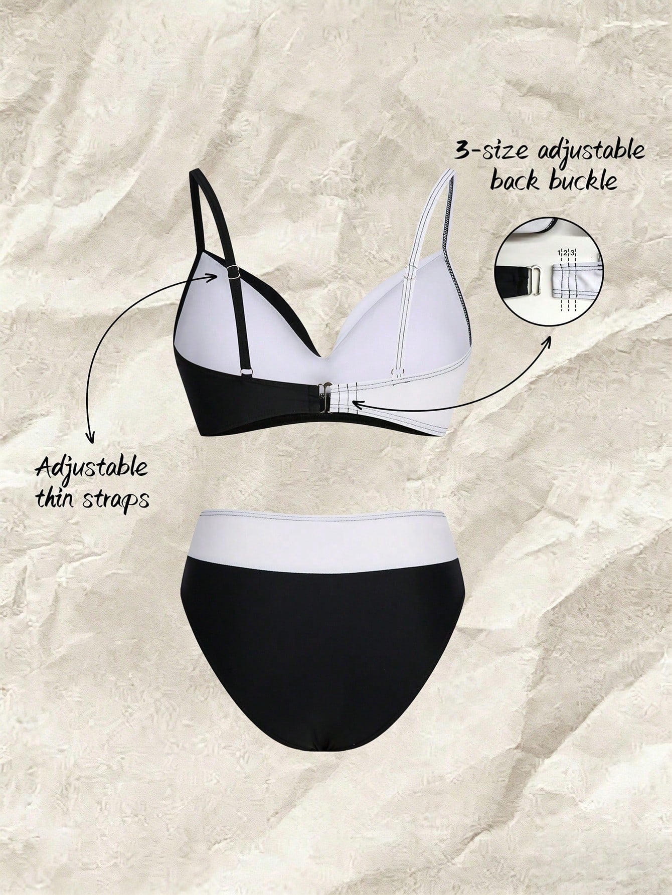 Women's Sexy Casual Black & White Color Block Spaghetti Strap Bikini Set, Beach Summer Vacation New Holiday Travel Outfit, Resort Wear