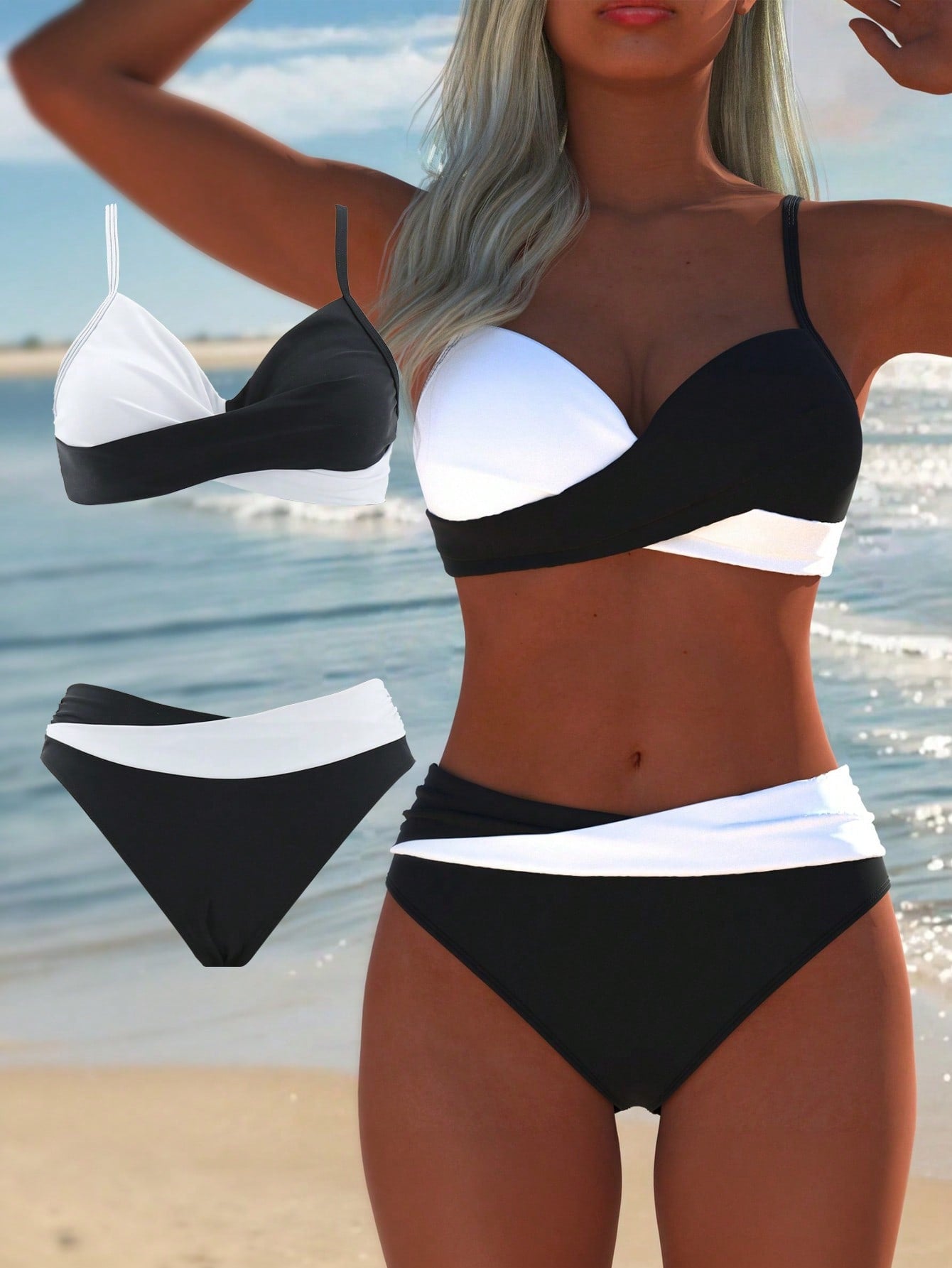 Women's Sexy Casual Black & White Color Block Spaghetti Strap Bikini Set, Beach Summer Vacation New Holiday Travel Outfit, Resort Wear