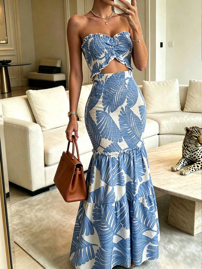Women's Sexy Elegant Bodycon Cutout Design Ruffle Trim Floral Print Maxi Dress Vacation Summer, Vacationcore
