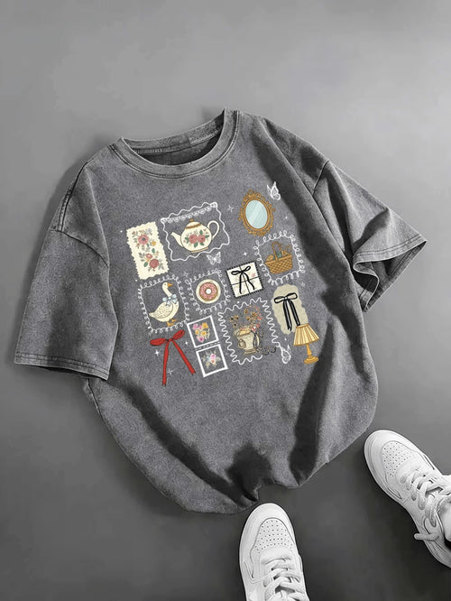 Women's Shorts Plus-Size Retro Washed Cotton T-Shirt, "I'd Rather Go Thrifting" Printed T-Shirt, Grandma-Style Shirt, Comfortable And Ideal Gift.