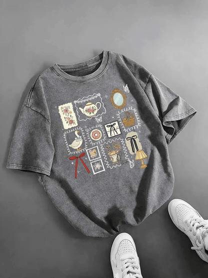 Women's Shorts Plus-Size Retro Washed Cotton T-Shirt, "I'd Rather Go Thrifting" Printed T-Shirt, Grandma-Style Shirt, Comfortable And Ideal Gift.