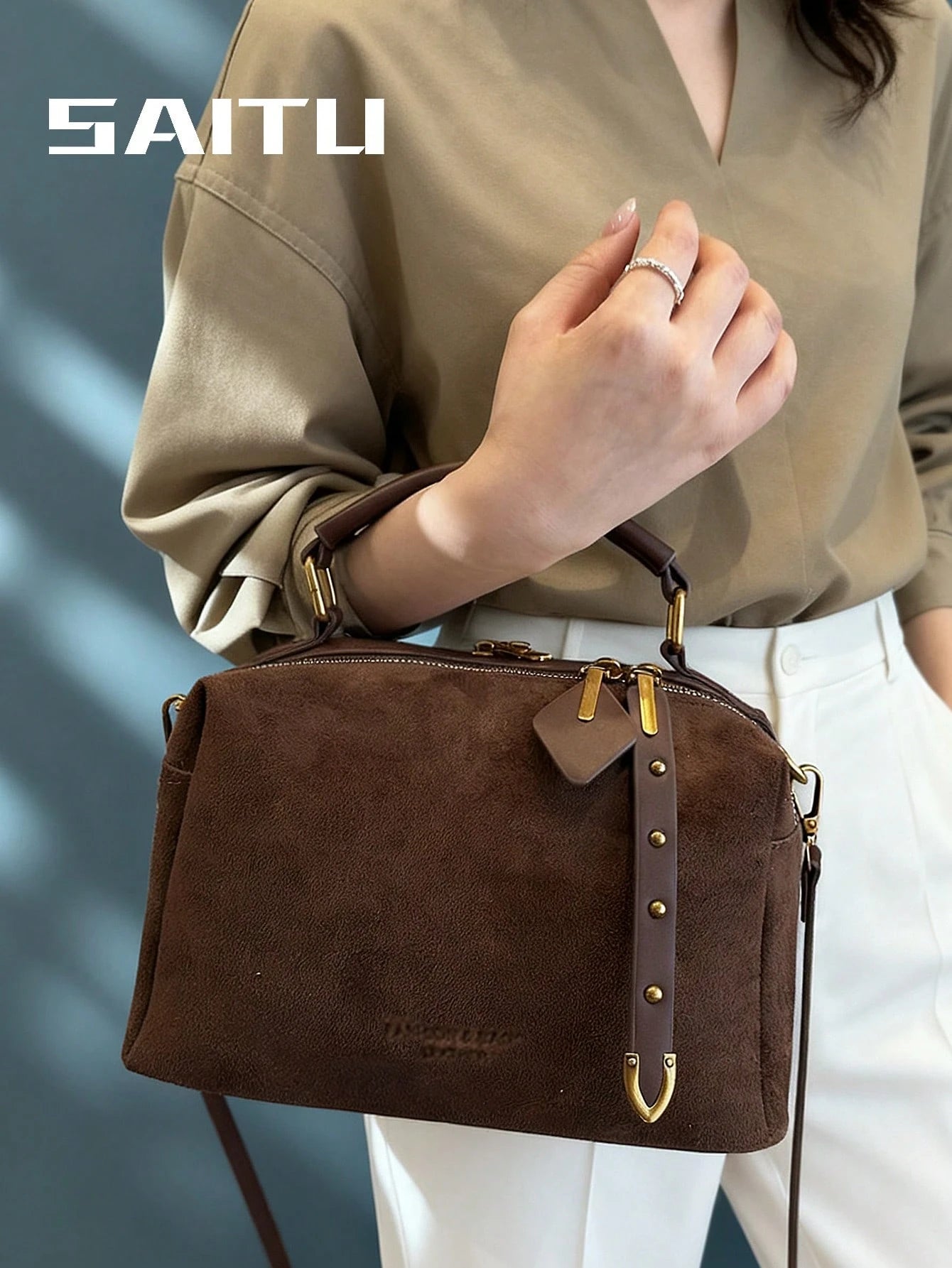 Women's Solid Color Handbag, Faux Suede Material, Rivet Embedded Vintage Style Pillow Bag, Casual Street Fashion Romantic Elegant Boston Bag, Suitable For Shopping, Dating, Commuting, Crossbody Bag To