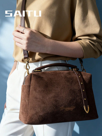 Women's Solid Color Handbag, Faux Suede Material, Rivet Embedded Vintage Style Pillow Bag, Casual Street Fashion Romantic Elegant Boston Bag, Suitable For Shopping, Dating, Commuting, Crossbody Bag To