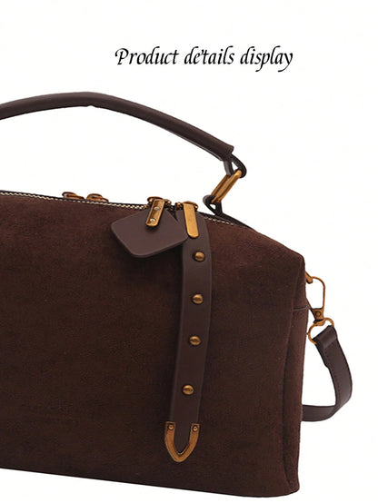Women's Solid Color Handbag, Faux Suede Material, Rivet Embedded Vintage Style Pillow Bag, Casual Street Fashion Romantic Elegant Boston Bag, Suitable For Shopping, Dating, Commuting, Crossbody Bag To