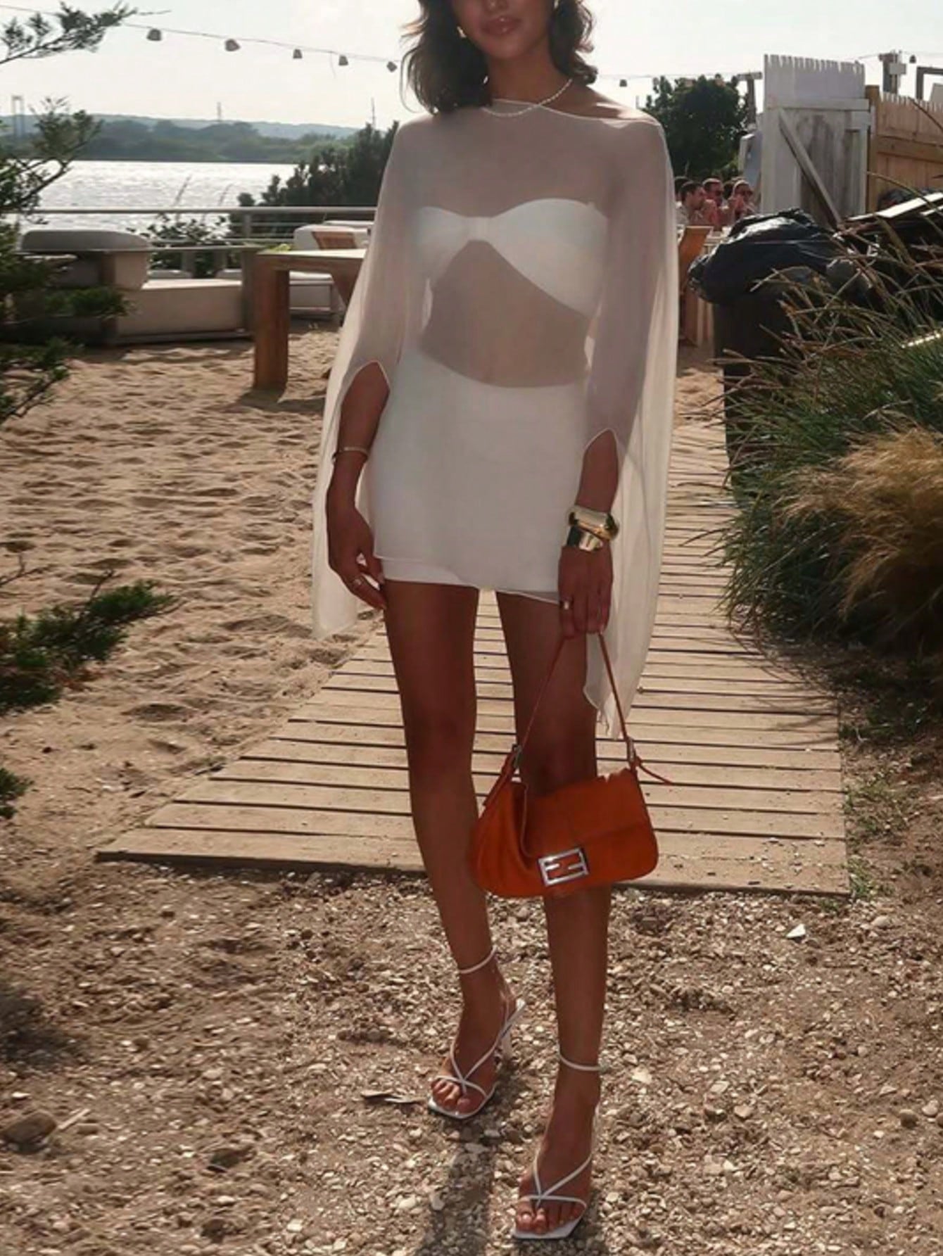 Women's Solid Color One Shoulder Batwing Sleeve Loose Mesh Sheer Cover-Up Dress Vacation Beach White