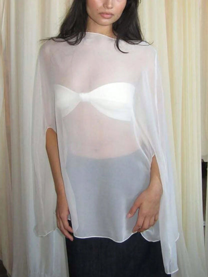 Women's Solid Color One Shoulder Batwing Sleeve Loose Mesh Sheer Cover-Up Dress Vacation Beach White
