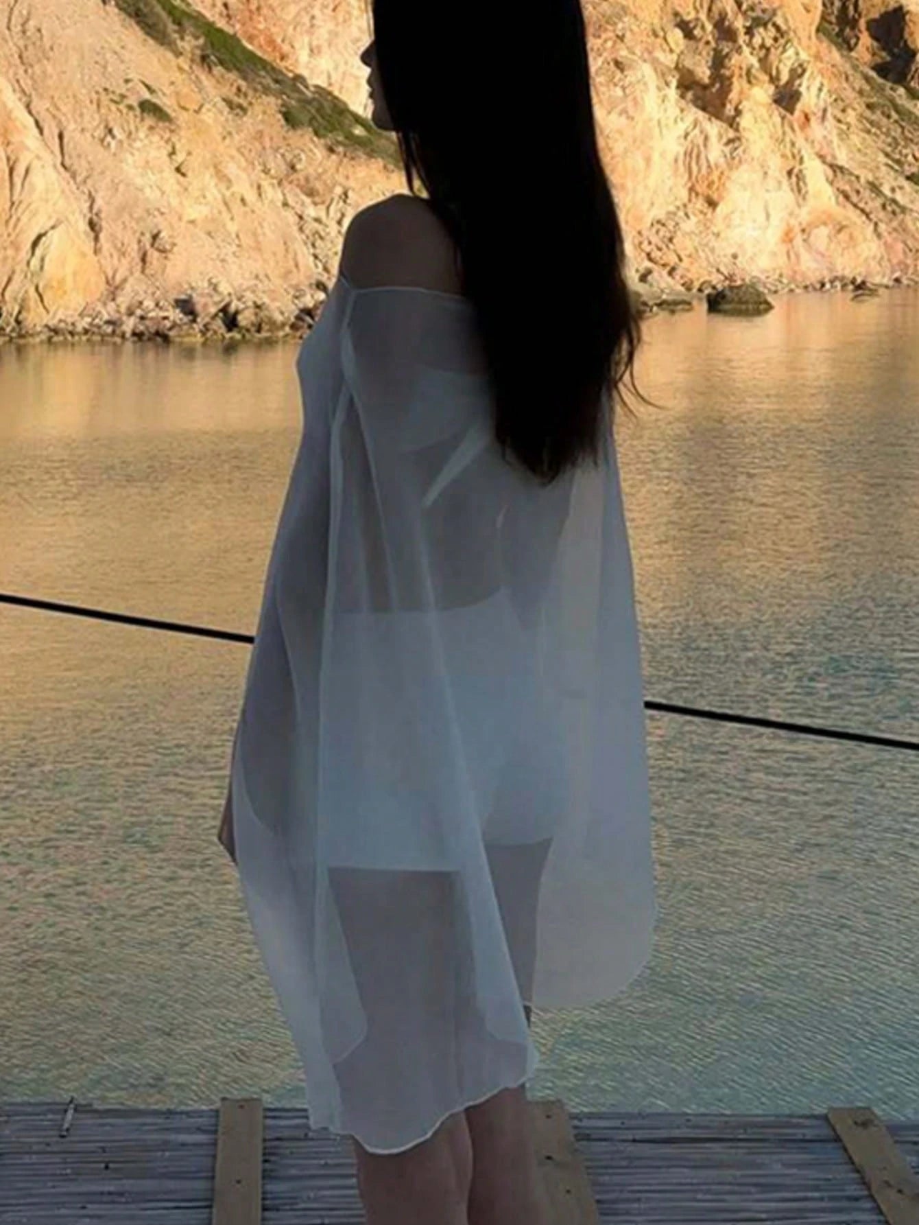 Women's Solid Color One Shoulder Batwing Sleeve Loose Mesh Sheer Cover-Up Dress Vacation Beach White