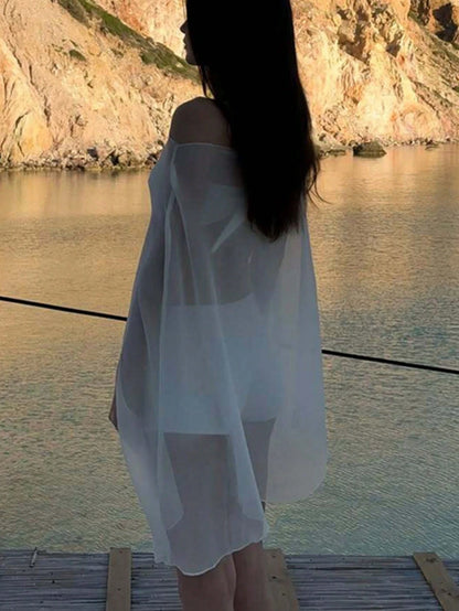 Women's Solid Color One Shoulder Batwing Sleeve Loose Mesh Sheer Cover-Up Dress Vacation Beach White