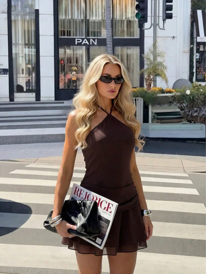 Women's Solid Color Woven Double-Layer Mini Dress With Built-In Safety Shorts, Waist Ruching, Sexy Elegant Chic Fashion Resort Wear Summer Brown