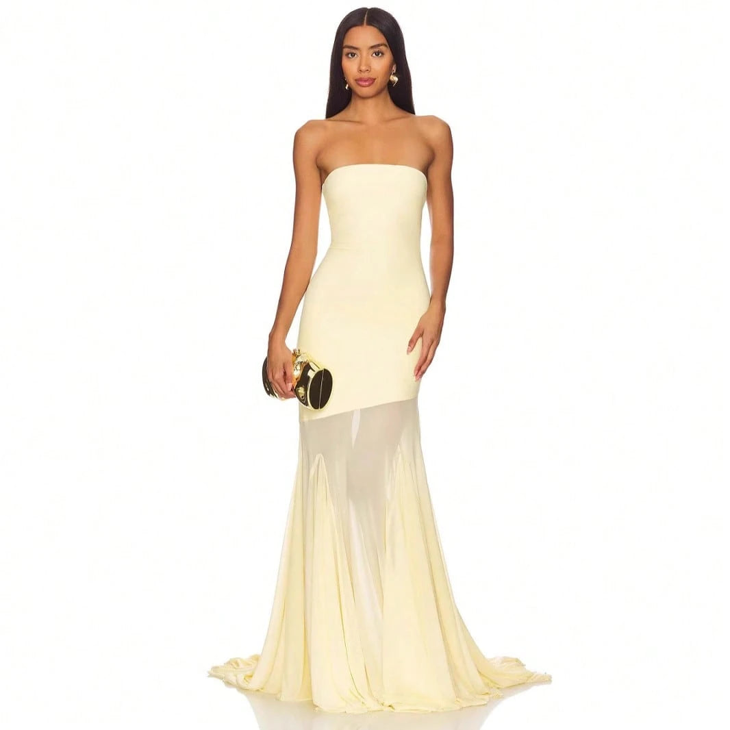 Women's Strapless Mermaid Gown, Mesh Paneled Floor Length Dress For Formal Events & Galas