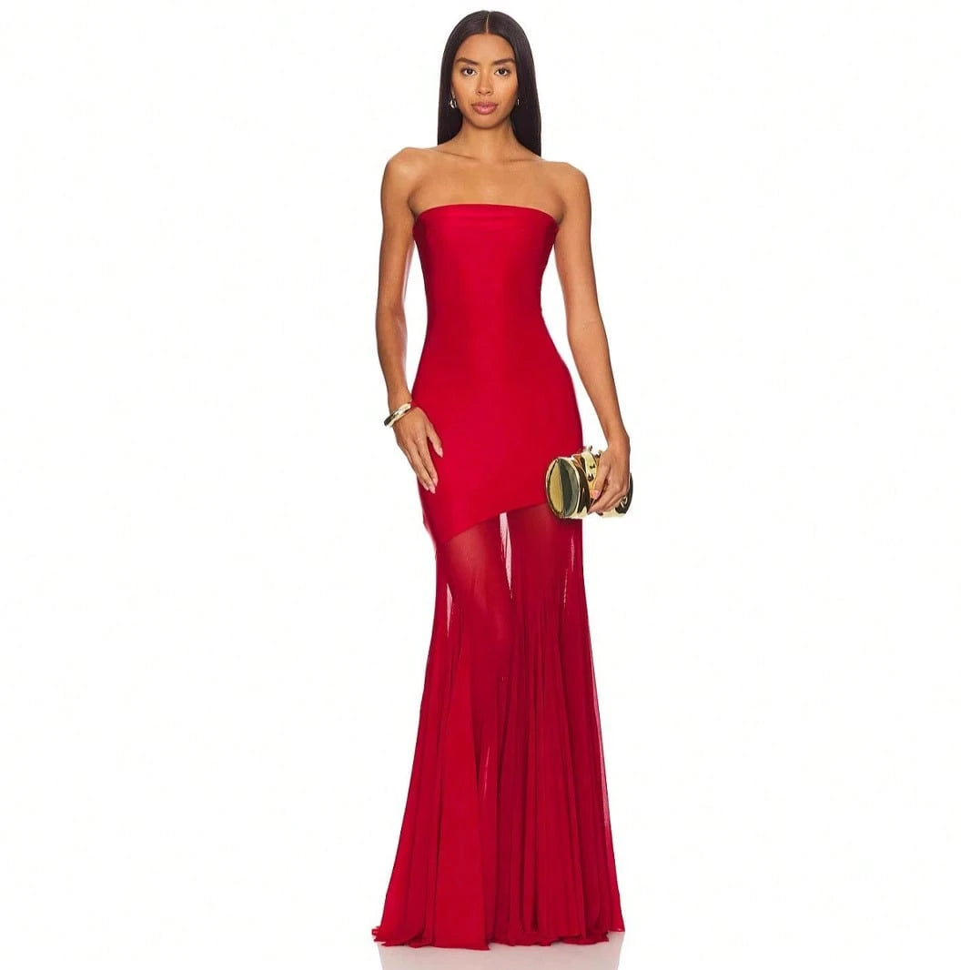 Women's Strapless Mermaid Gown, Mesh Paneled Floor Length Dress For Formal Events & Galas