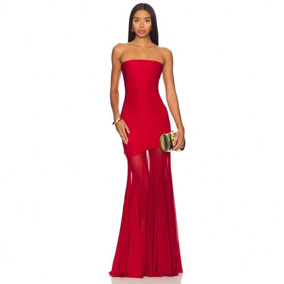 Women's Strapless Mermaid Gown, Mesh Paneled Floor Length Dress For Formal Events & Galas