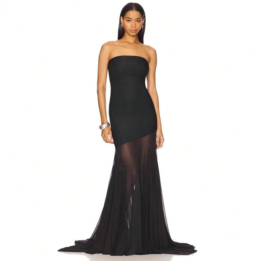 Women's Strapless Mermaid Gown, Mesh Paneled Floor Length Dress For Formal Events & Galas